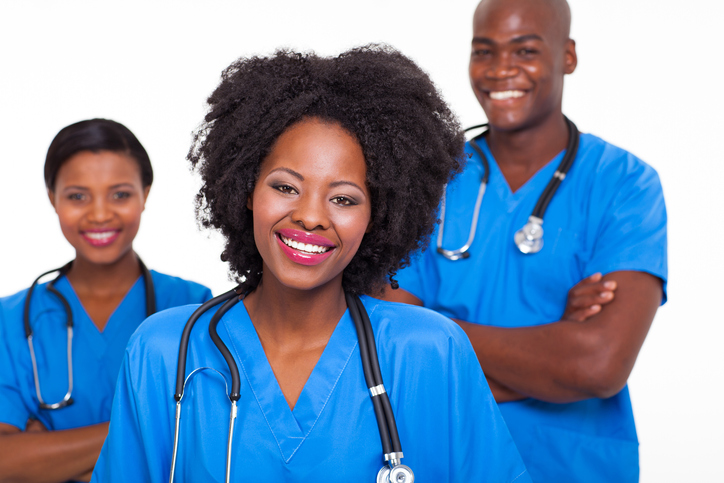 group of happy afro american nurses on white background